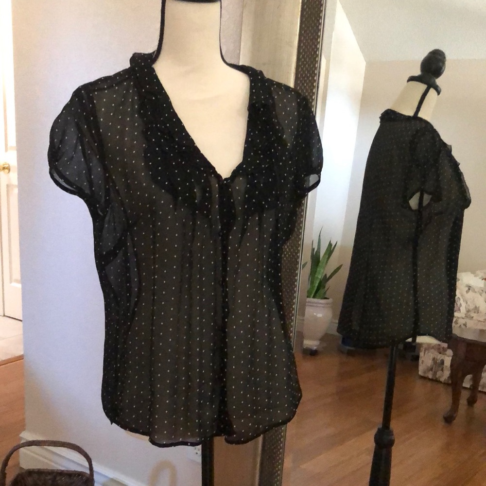 Ann Taylor Black Sheer Polka Dot Ruffled Blouse